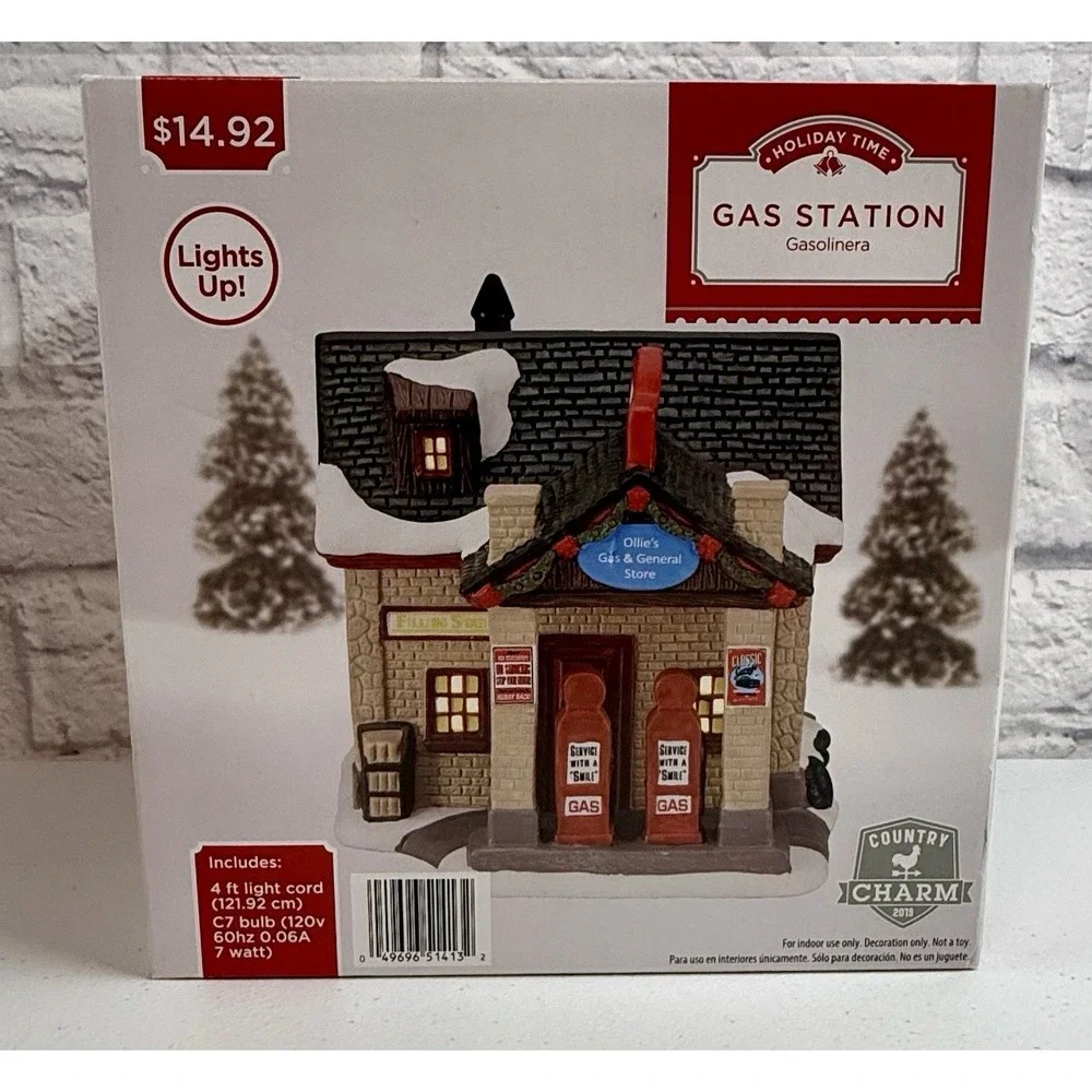 Holiday Time Gas Station Light-Up Village Building - Red Accent